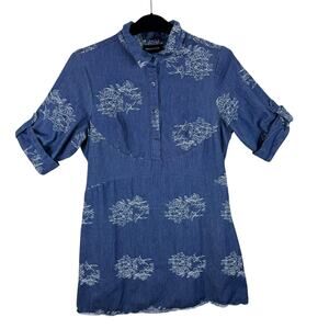 Nina Leonard Floral Embroidered Cuffed Sleeve Half Button Up Cotton Dress Sz 14